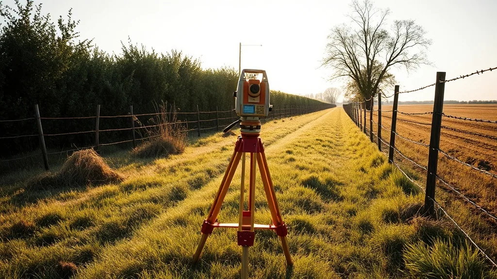 A survey total station on a tripod standing in a strip of grass between two barbed wire fences at sunrise, hedge row on one side and a cut field on the other.