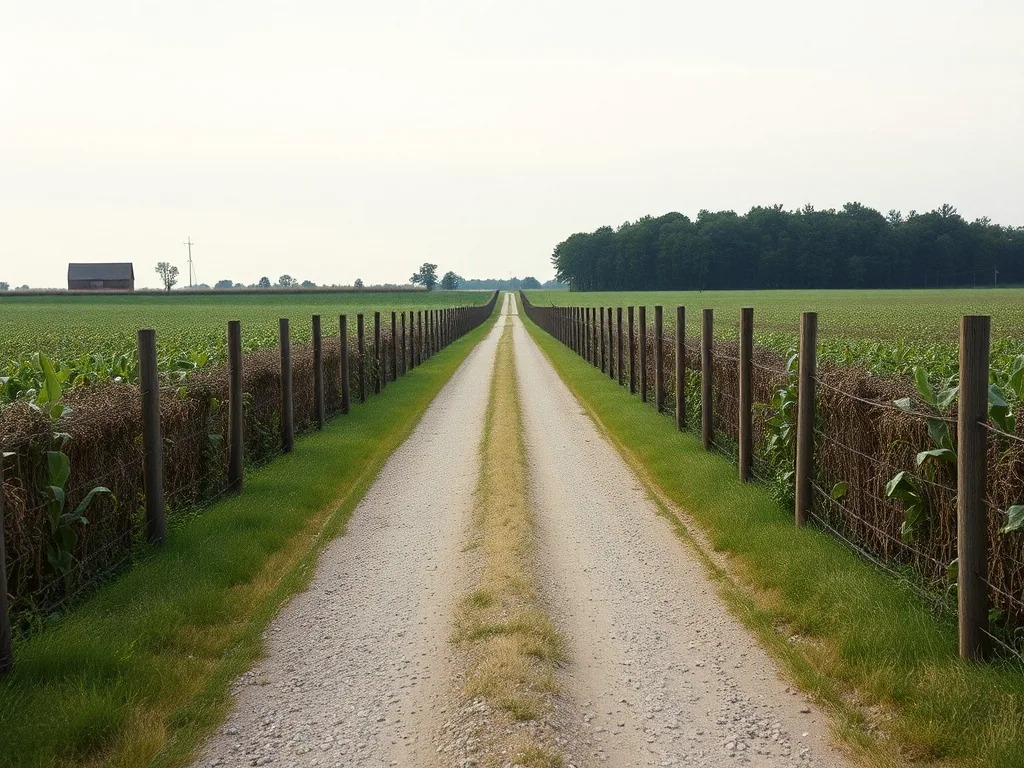 A straight gravel road running between wire fences and crop fields under a pale overcast sky, a barn small on the horizon.