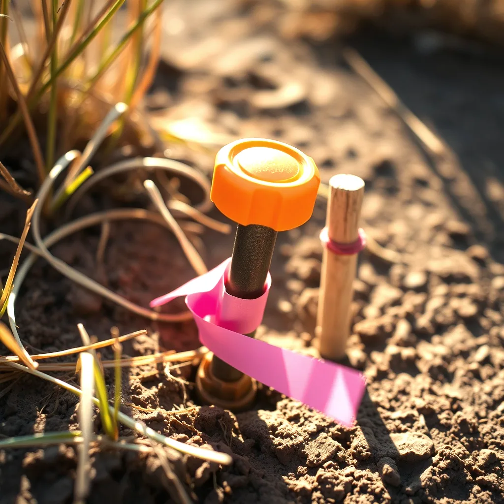 A capped iron survey pin driven into dry clay ground, pink flagging tape wound round it and a wooden lath stake standing alongside.