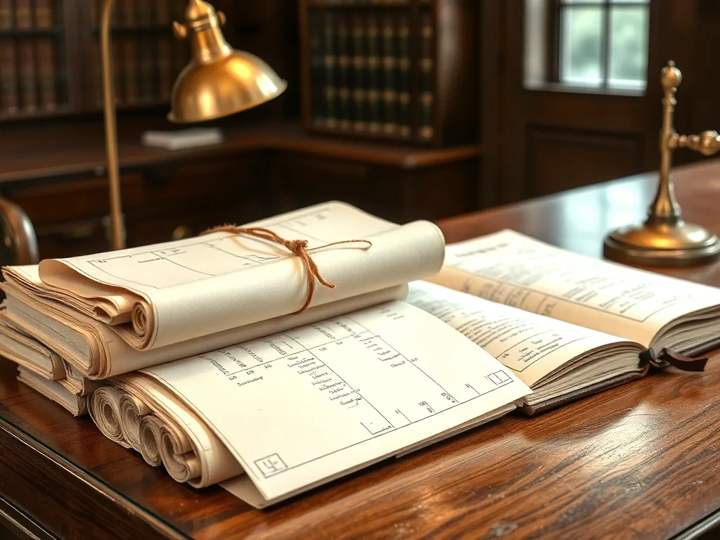 Rolled paper survey drawings tied with string sitting beside a heavy open record book on a dark wooden counter under a brass lamp.